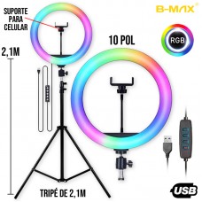 Iluminador Ring Light RGB 10 Pol + Tripé 2,1m BM-L19 B-Max