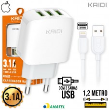 Kit Carregador 3 USB + Cabo Lightning 1,2m KD-557A Kaidi