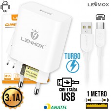 Kit Carregador 1 USB + Cabo V8 1m LE-510-2 Lehmox - Branco
