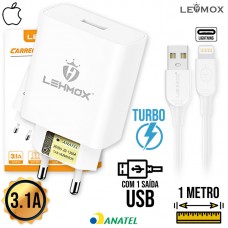 Kit Carregador 1 USB + Cabo Lightning 1m LE-510-3 Lehmox - Branco Kit Carregador 1 USB + Cabo Lightning 1m LE-510-3 Lehmox - Branco