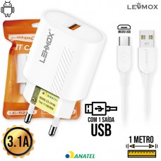 Kit Carregador 1 USB + Cabo V8 1m LE-521-2 Lehmox
