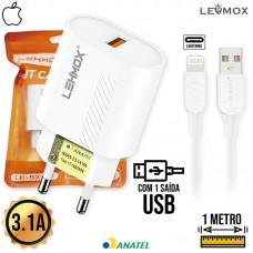 Kit Carregador 1 USB + Cabo Lightning 1m LE-521-3 Lehmox