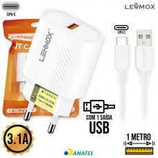 Kit Carregador 1 USB + Cabo Tipo C 1m LE-521-4 Lehmox