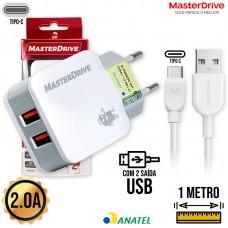 Kit Carregador 2 USB + Cabo Tipo C 1m M018 Master Drive